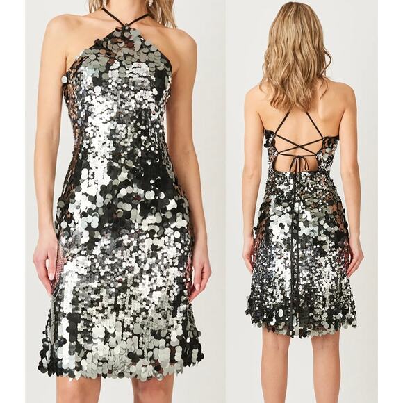 AMYLYNN Silver Austin Sequin Halter-Neck Midi Dress SIZE MEDIUM - Picture 1 of 11